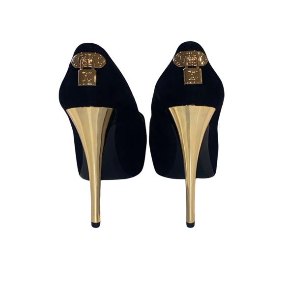 Authentic Louis Vuitton Black/Gold Suede Oh Really Peep Toe Platform Pumps Heels - Picture 6 of 11